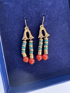 Museum Company Beaded Dangle Earrings With Brass Turquoise & Red Beads In Box